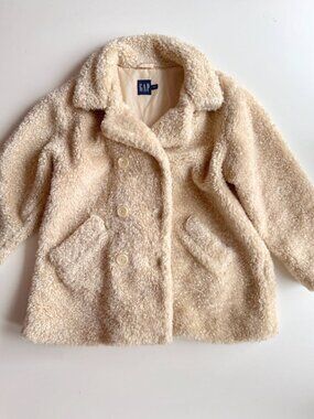 Vintage Girls' GAP Beige Faux Fur Shearling Teddy Bear Peacoat, Size M (8-9)